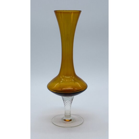 Two Vintage Retro Hand Blown Amber Glass Pedestal Vases - Picture 11 of 16